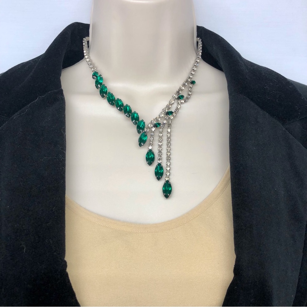 Vintage signed Hobe Rhinestone Green Glass Necklace and Earrings